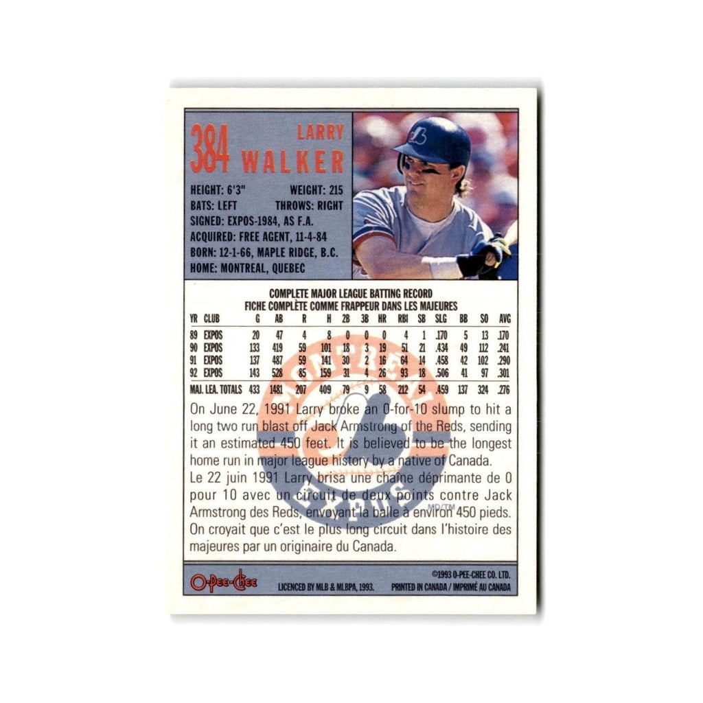 Larry Walker 1993 O-Pee-Chee #384 Montreal Expos Baseball Card NM