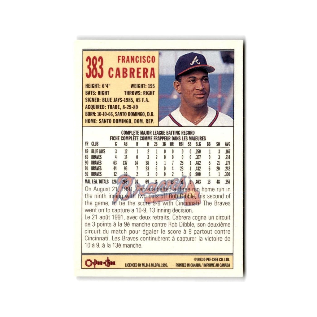 Francisco Cabrera 1993 O-Pee-Chee #383 Atlanta Braves Baseball Card NM
