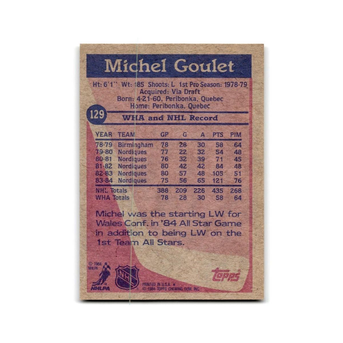 1984 Topps Michel Goulet Quebec Nordiques #129