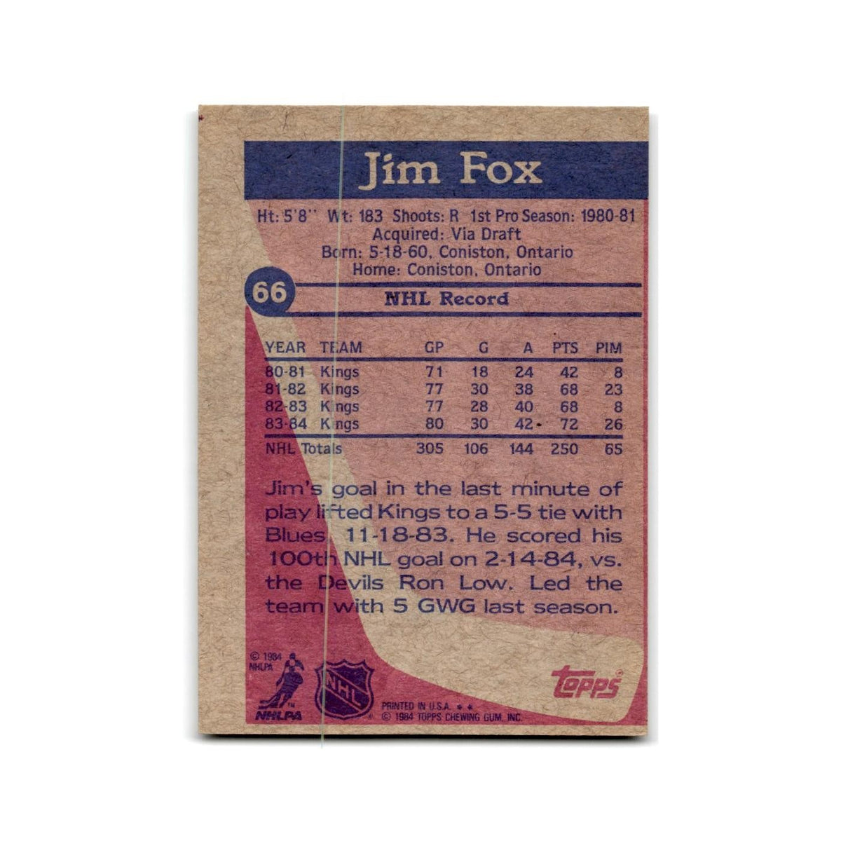1984 Topps Jim Fox Los Angeles Kings #84