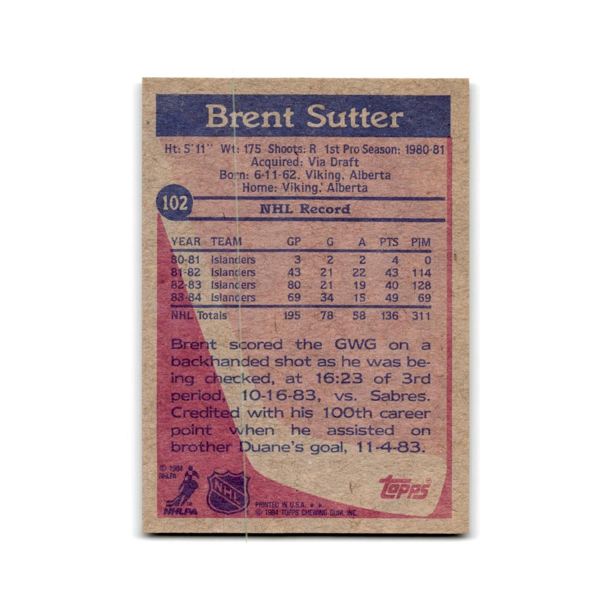 1984 Topps Brent Sutter New York Islanders #102