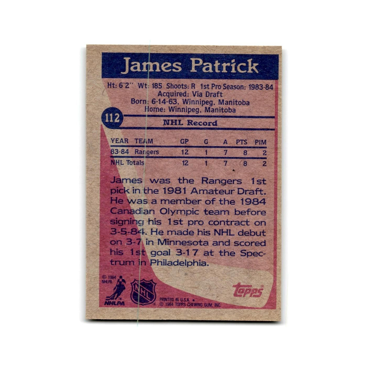 1984 Topps James Patrick RC New York Rangers #112