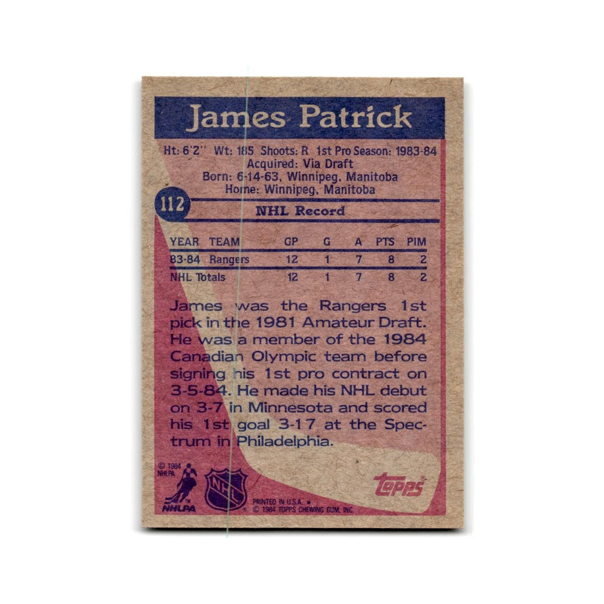 1984 Topps James Patrick RC New York Rangers #112