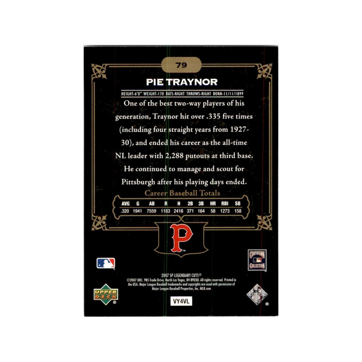 2007 SP Legendary Cuts Baseball Card PieTraynor #79
