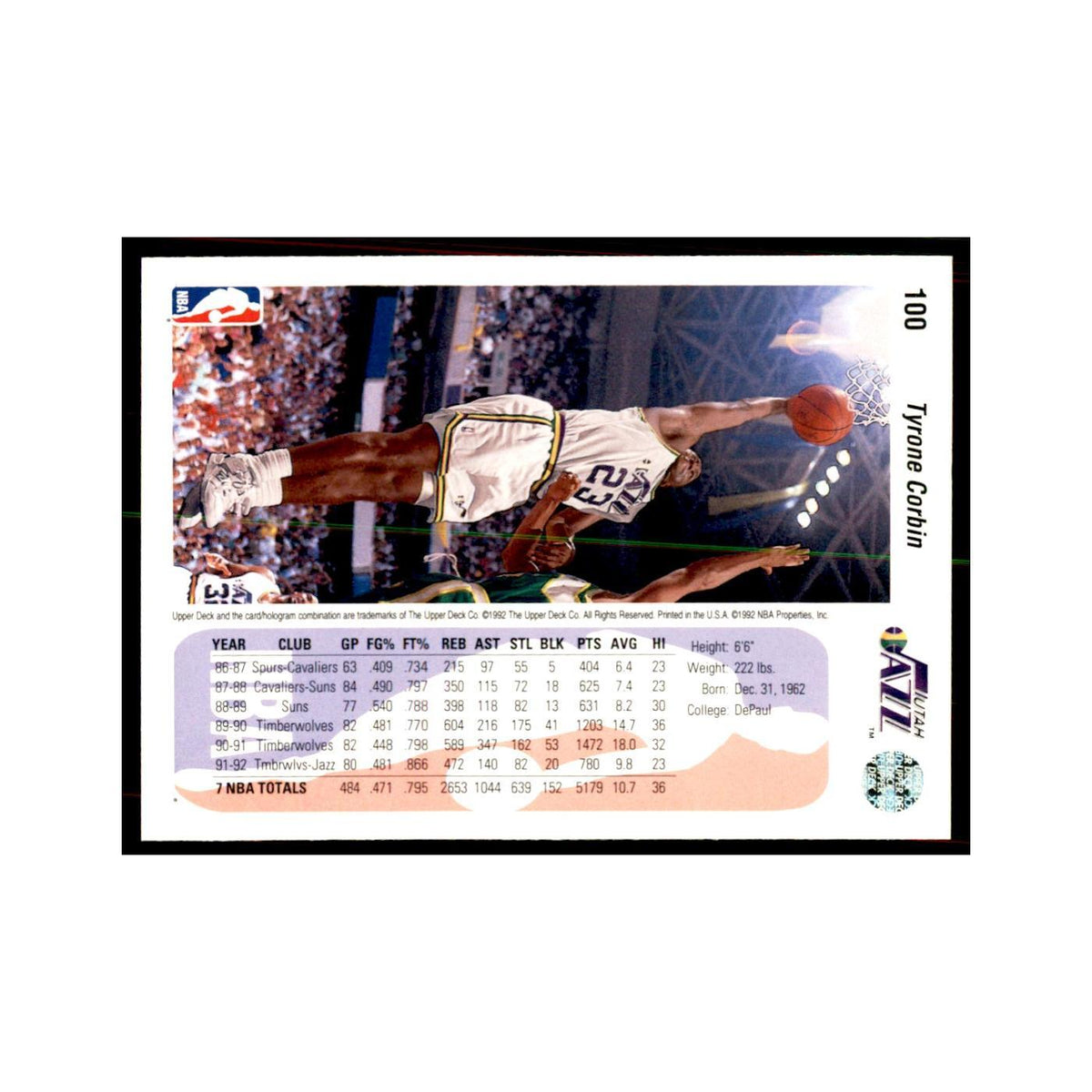 1992 Upper Deck Tyrone Corbin Basketball Cards #100