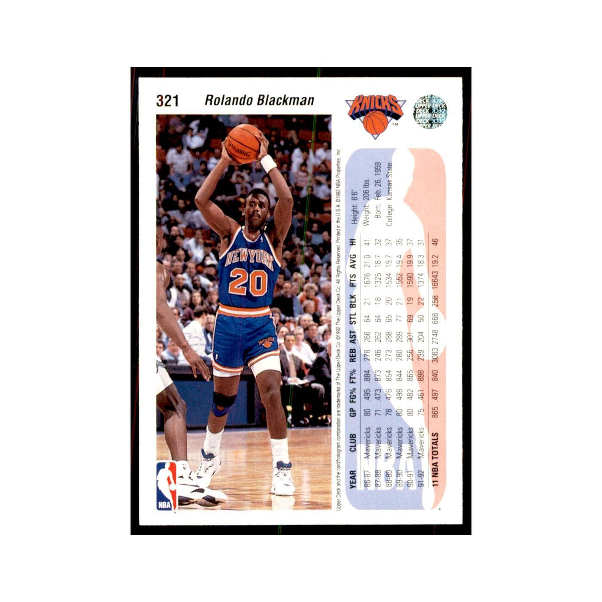 1992 Upper Deck Rolando Blackman Basketball Cards #321