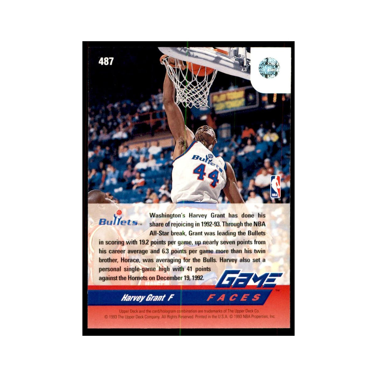1992 Upper Deck Harvey Grant Basketball Cards #487