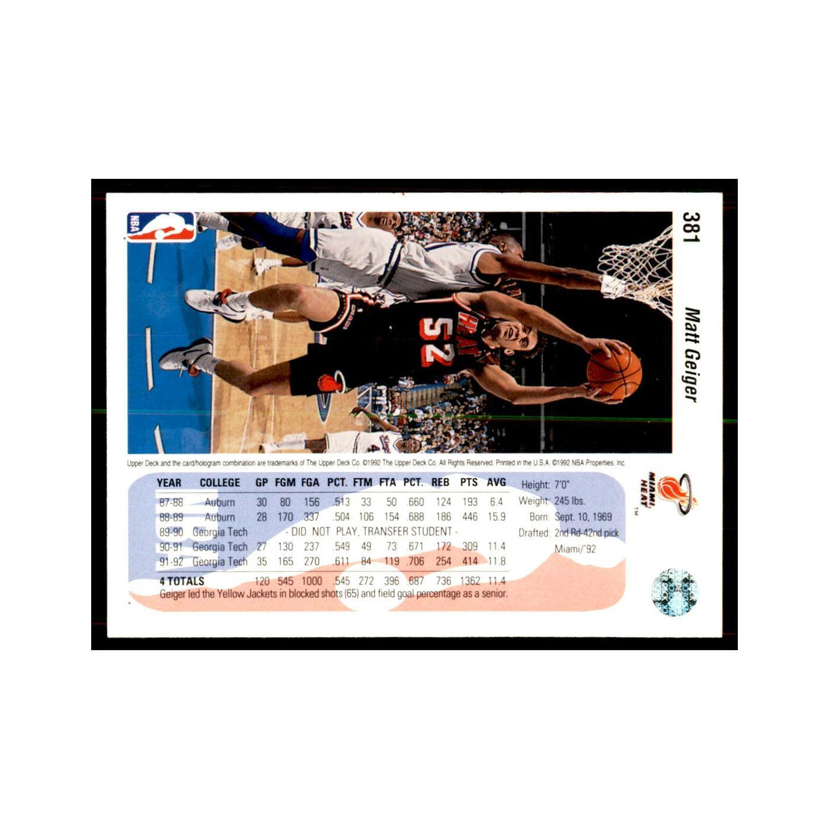 1992 Upper Deck Matt Geiger Basketball Cards #381