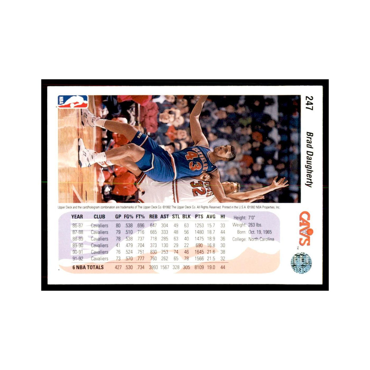 1992 Upper Deck Brad Daugherty Basketball Cards #247