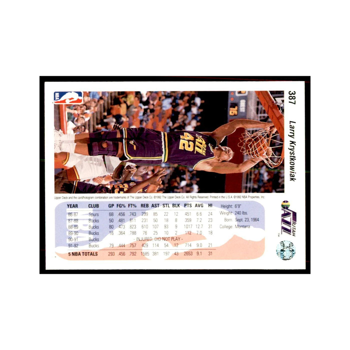 1992 Upper Deck Larry Krystkowiak Basketball Cards #387