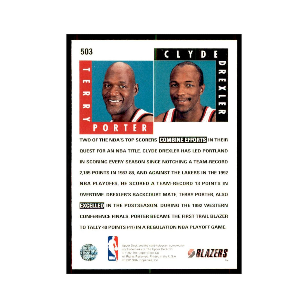 1992 Upper Deck Terry Porter/Clyde Drexler Basketball Cards #503