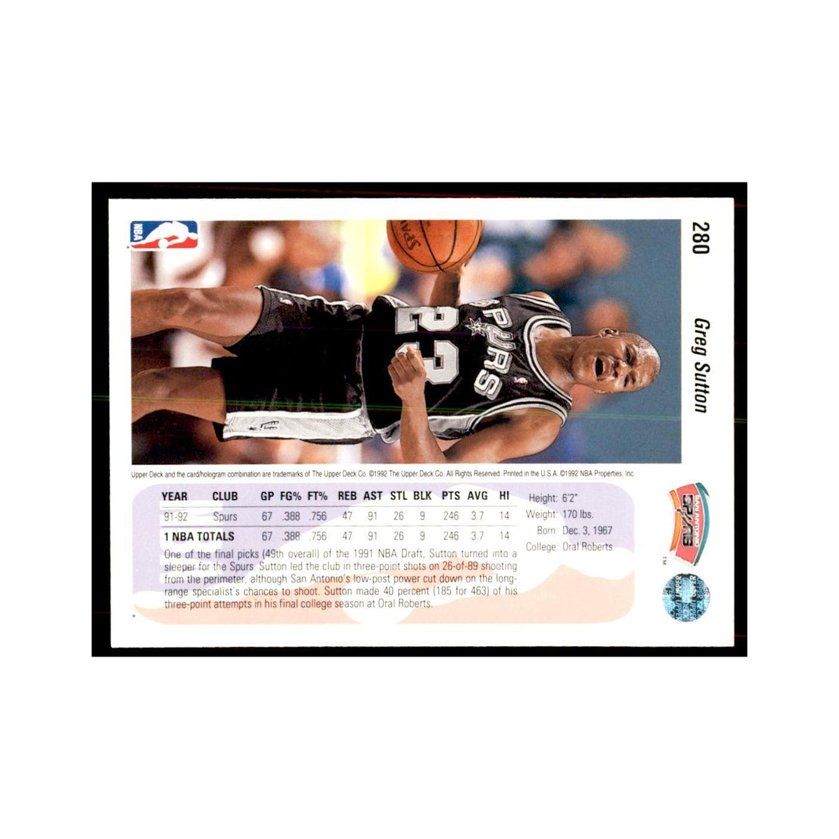 1992 Upper Deck Greg Sutton Basketball Cards #280