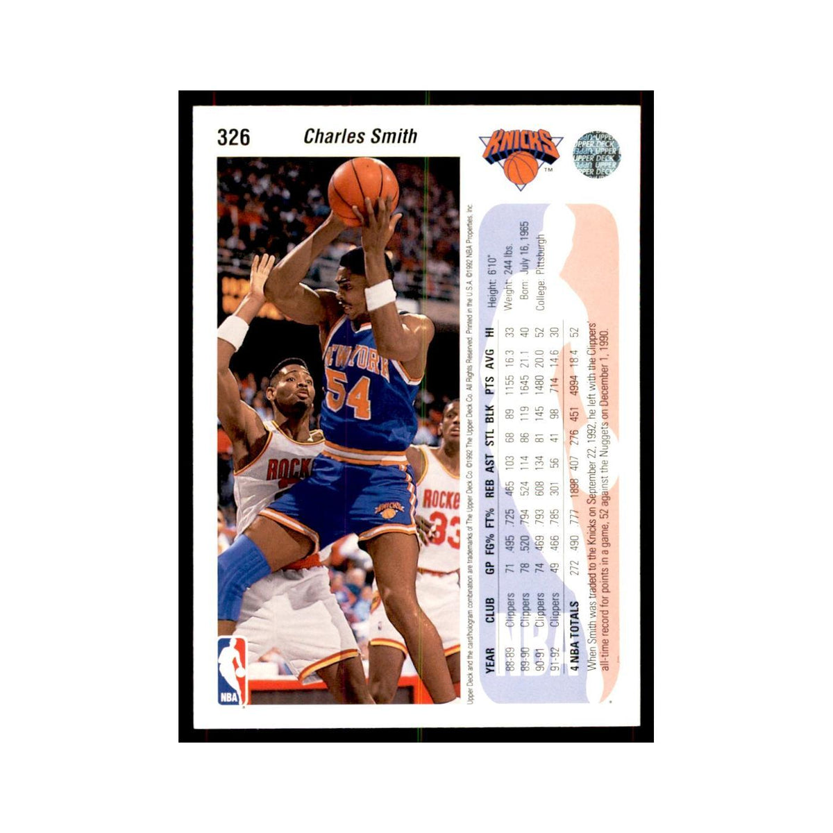 1992 Upper Deck Charles Smith Basketball Cards #326