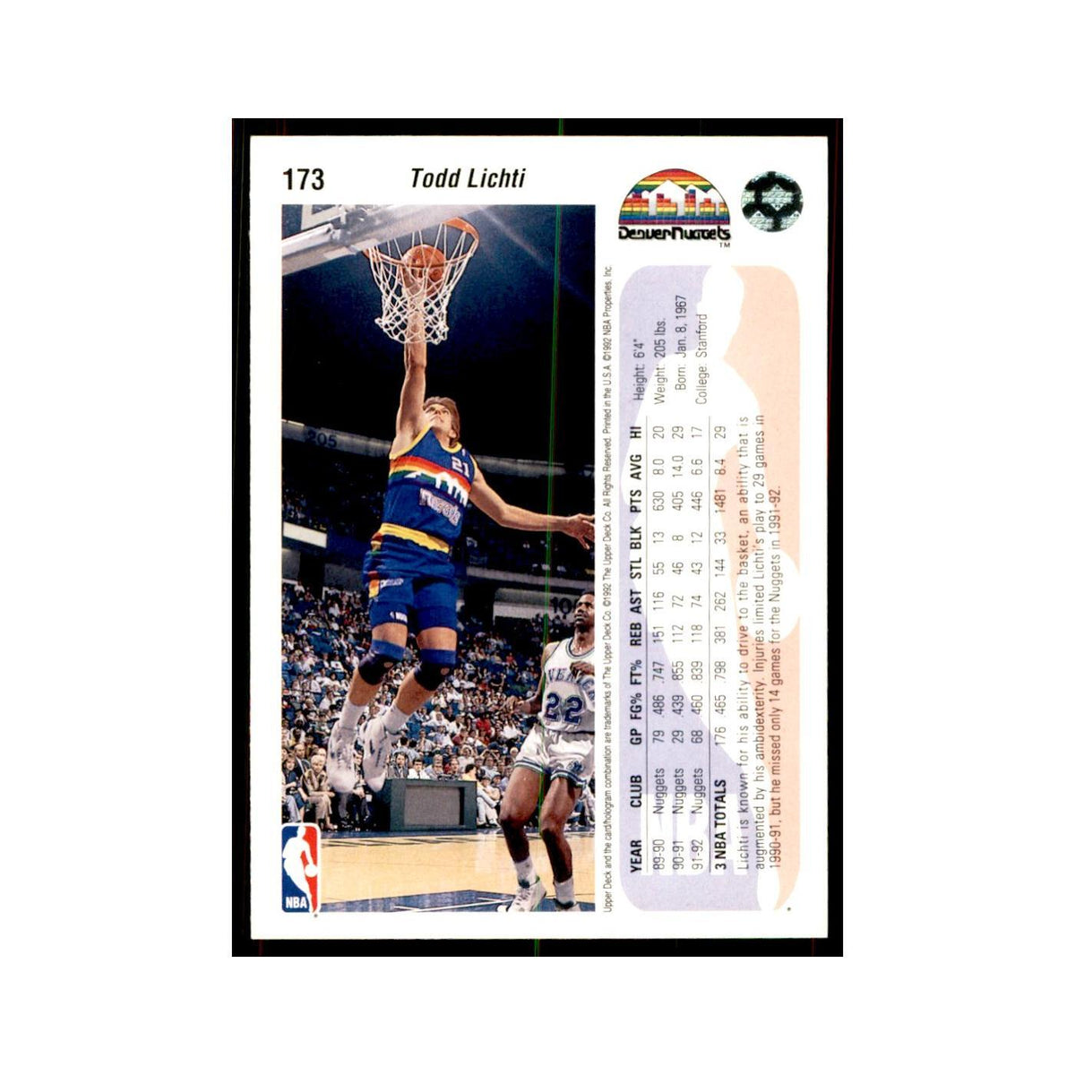 1992 Upper Deck Todd Lichti Basketball Cards #173