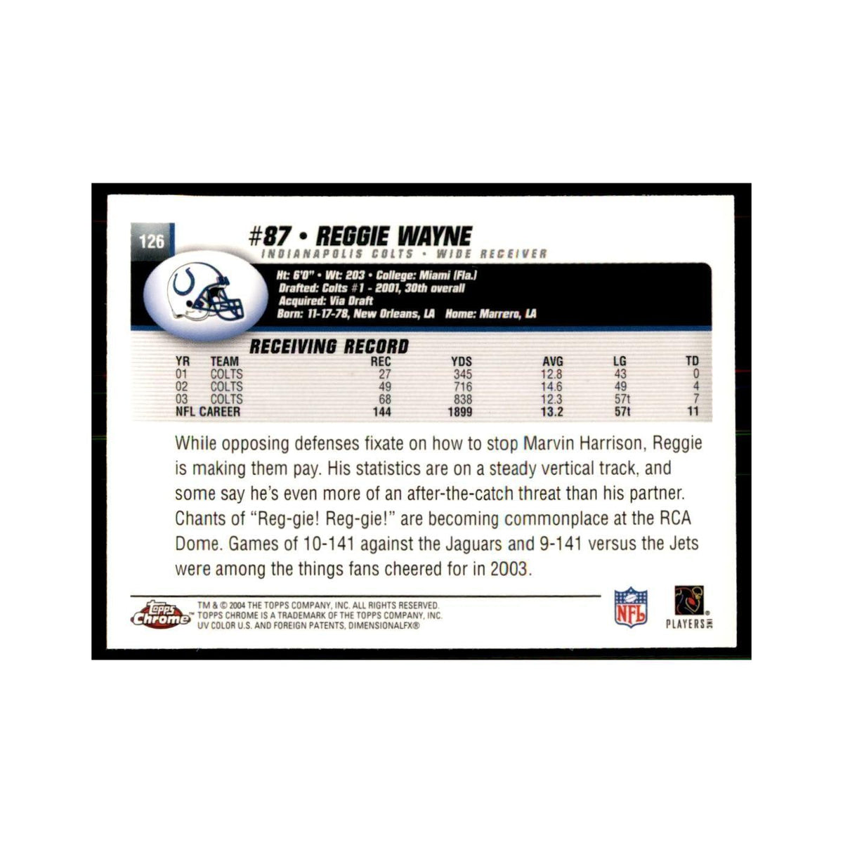 2004 Topps Chrome Reggie Wayne Football Cards #126