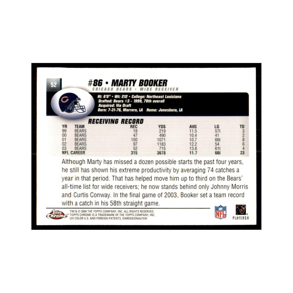 2004 Topps Chrome Marty Booker Football Cards #52