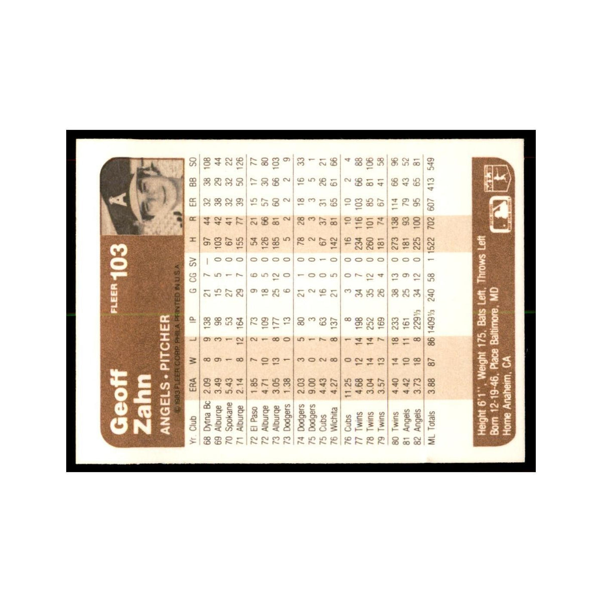 1983 Fleer Geoff Zahn Angels #103