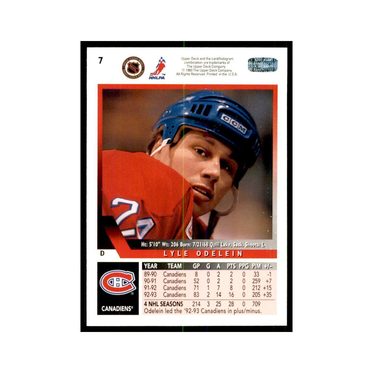1993 Upper Deck Lyle Odelein Hockey Cards #7