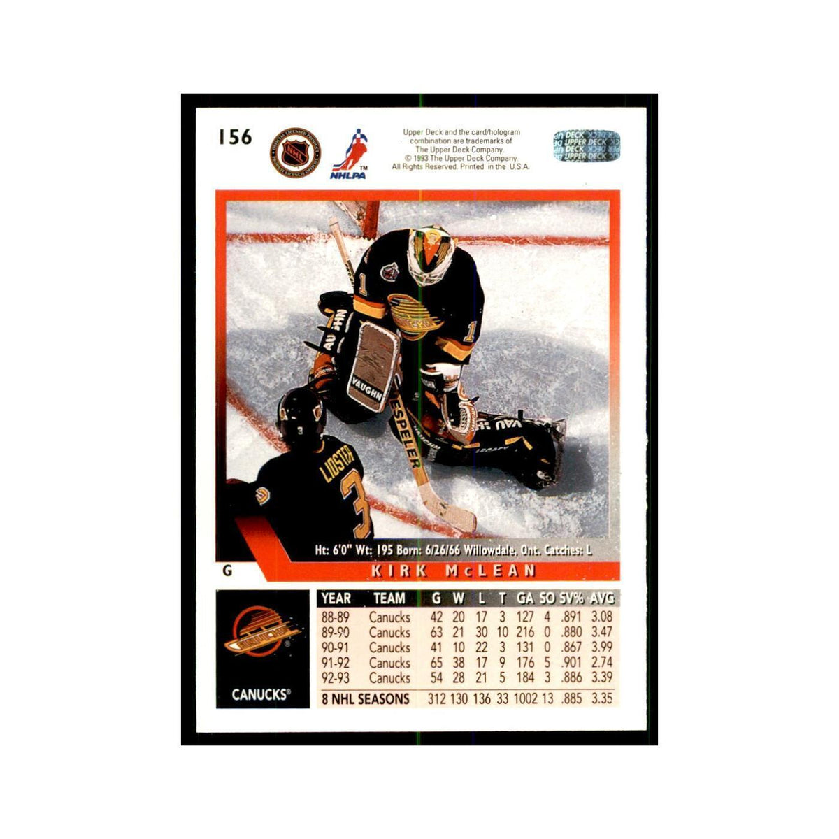 1993 Upper Deck Kirk McLean Hockey Cards #156