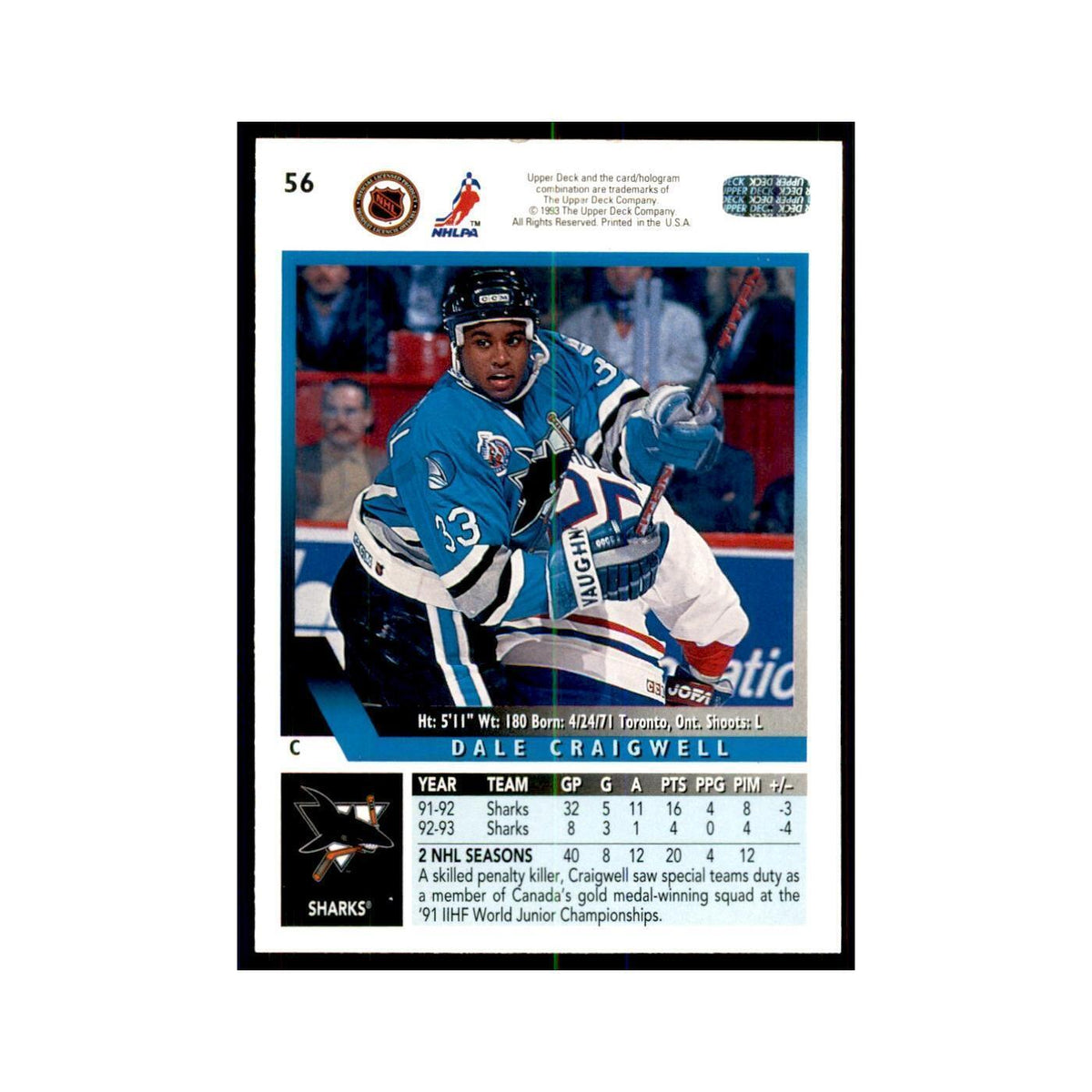 1993 Upper Deck Dale Craigwell Hockey Cards #56