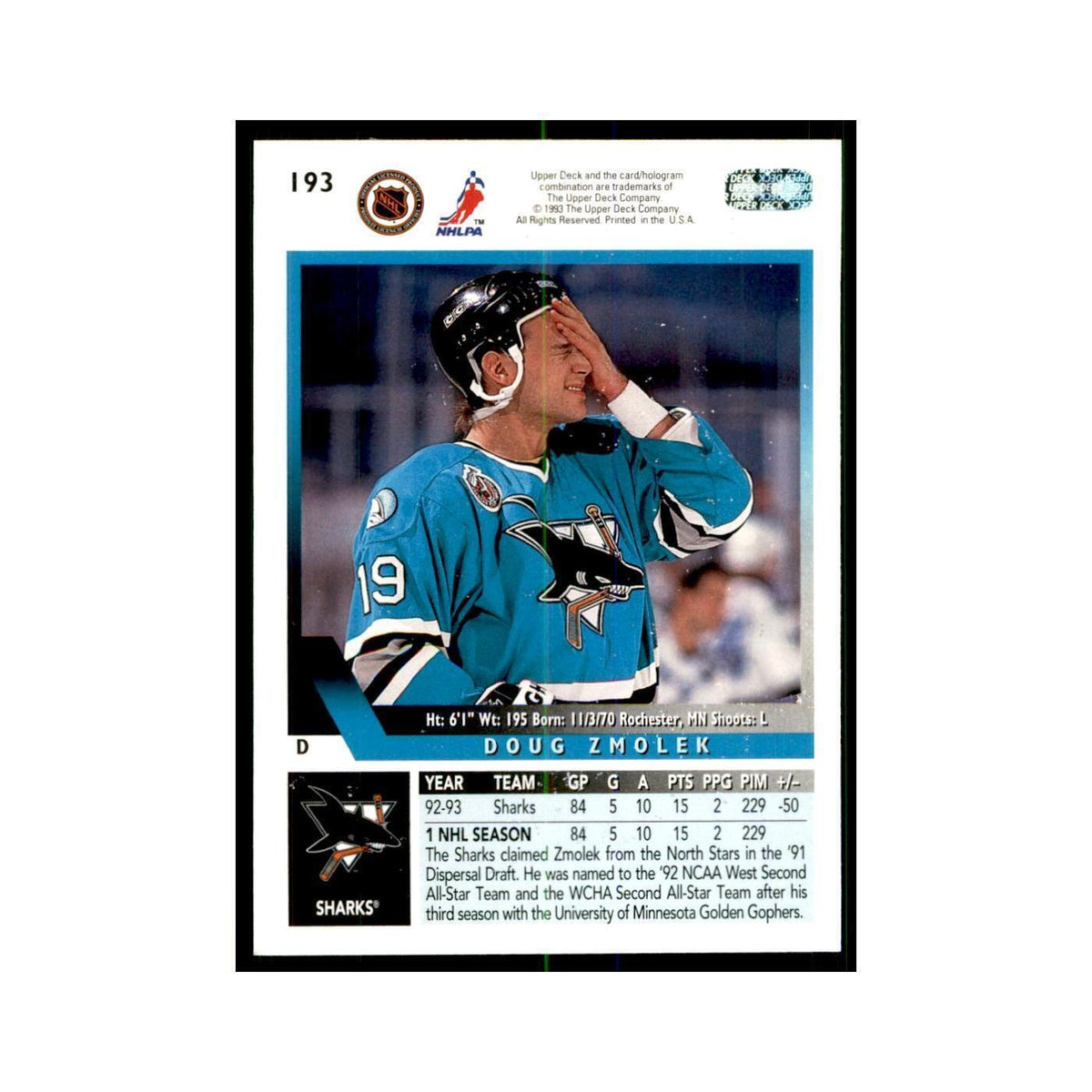 1993 Upper Deck Doug Zmolek Hockey Cards #193
