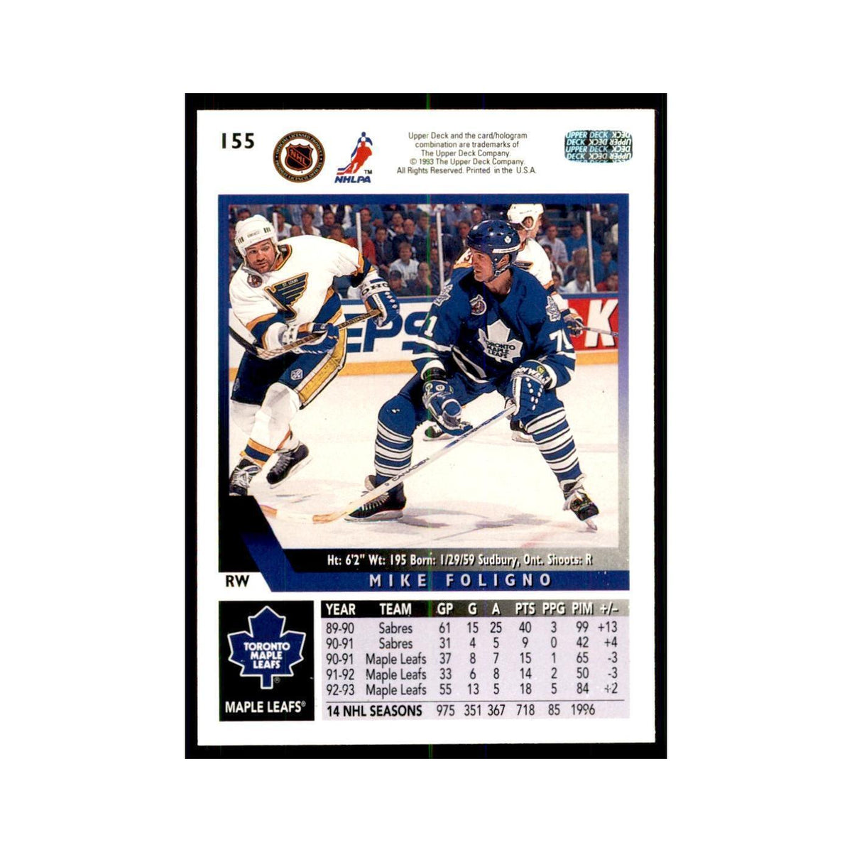 1993 Upper Deck Mike Foligno Hockey Cards #155