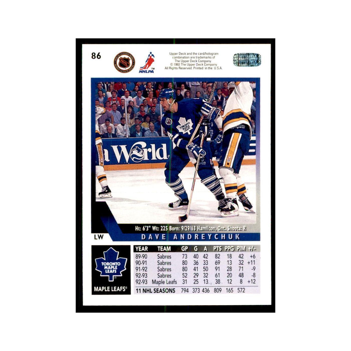 1993 Upper Deck Dave Andreychuk Hockey Cards #86