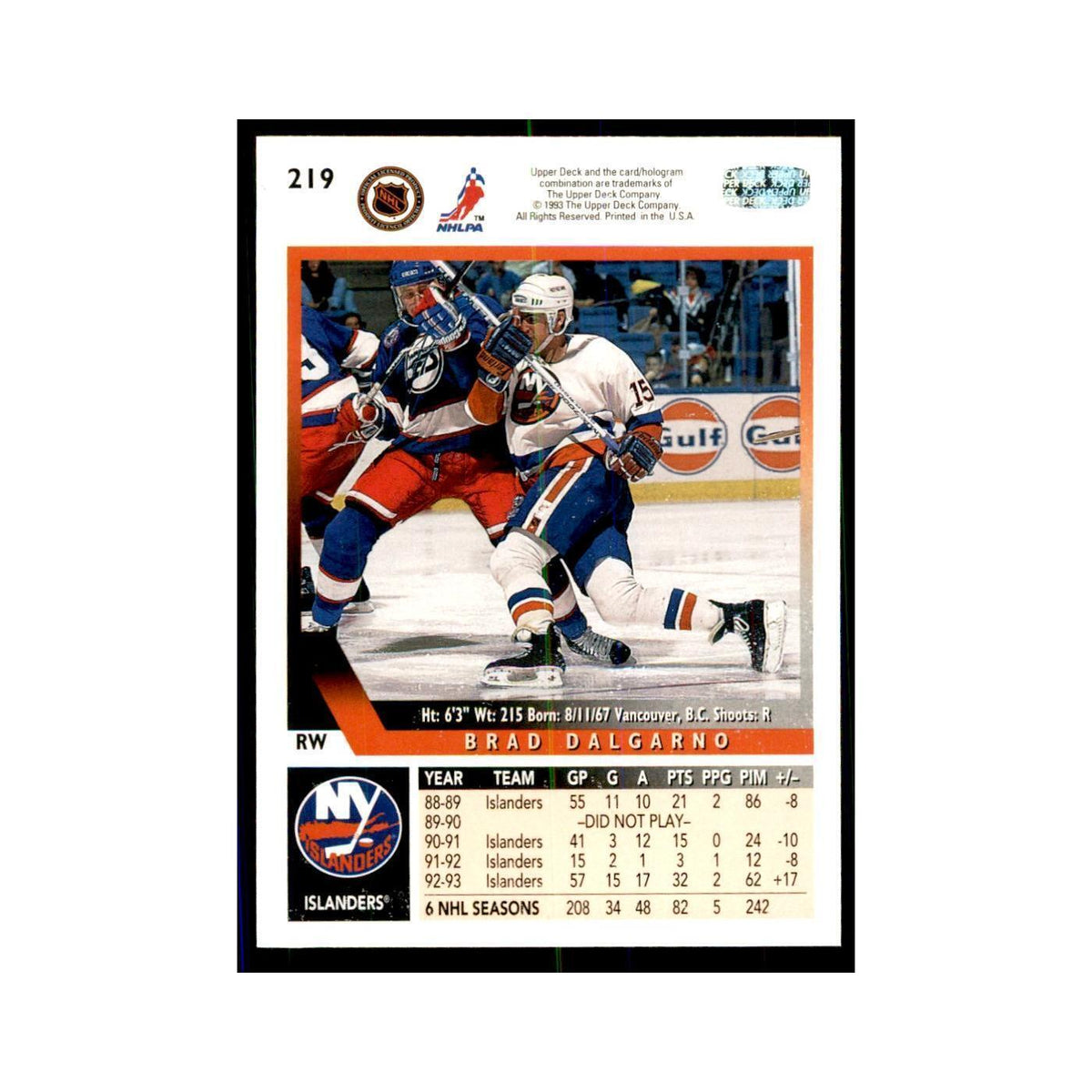 1993 Upper Deck Brad Dalgarno Hockey Cards #219