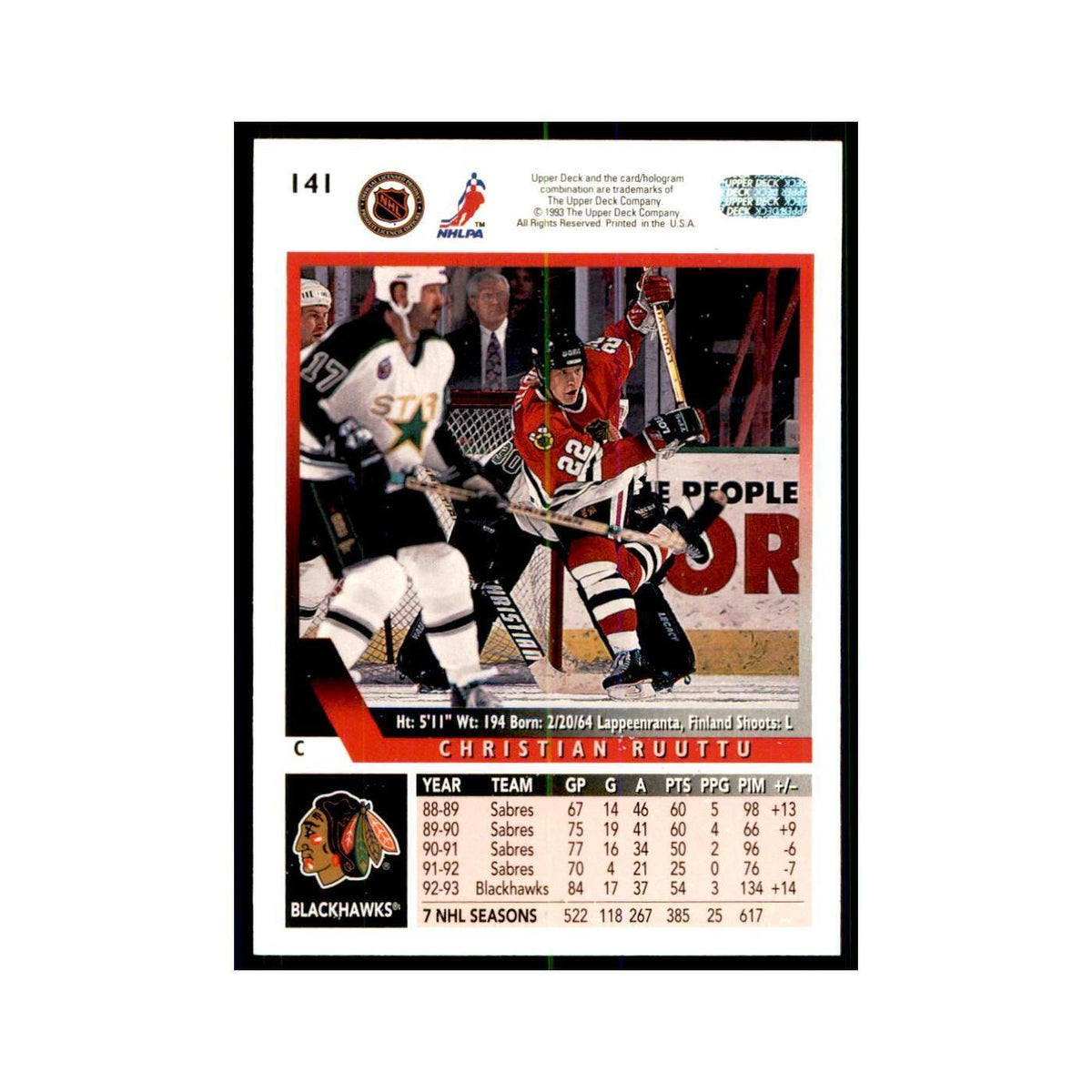 1993 Upper Deck Christian Ruuttu Hockey Cards #141