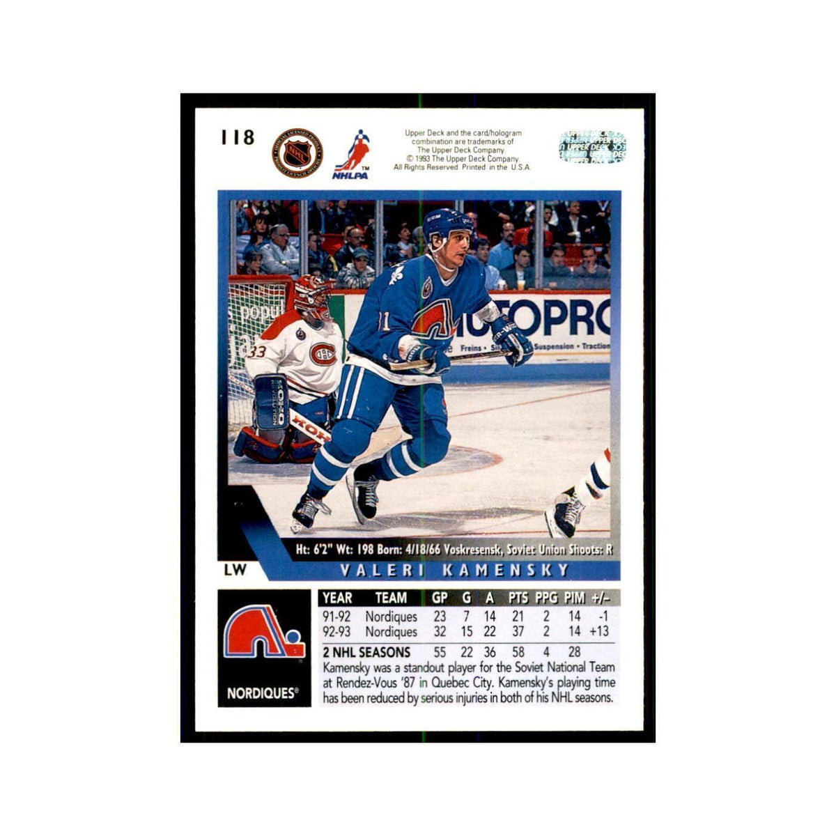 1993 Upper Deck Valeri Kamensky Hockey Cards #118