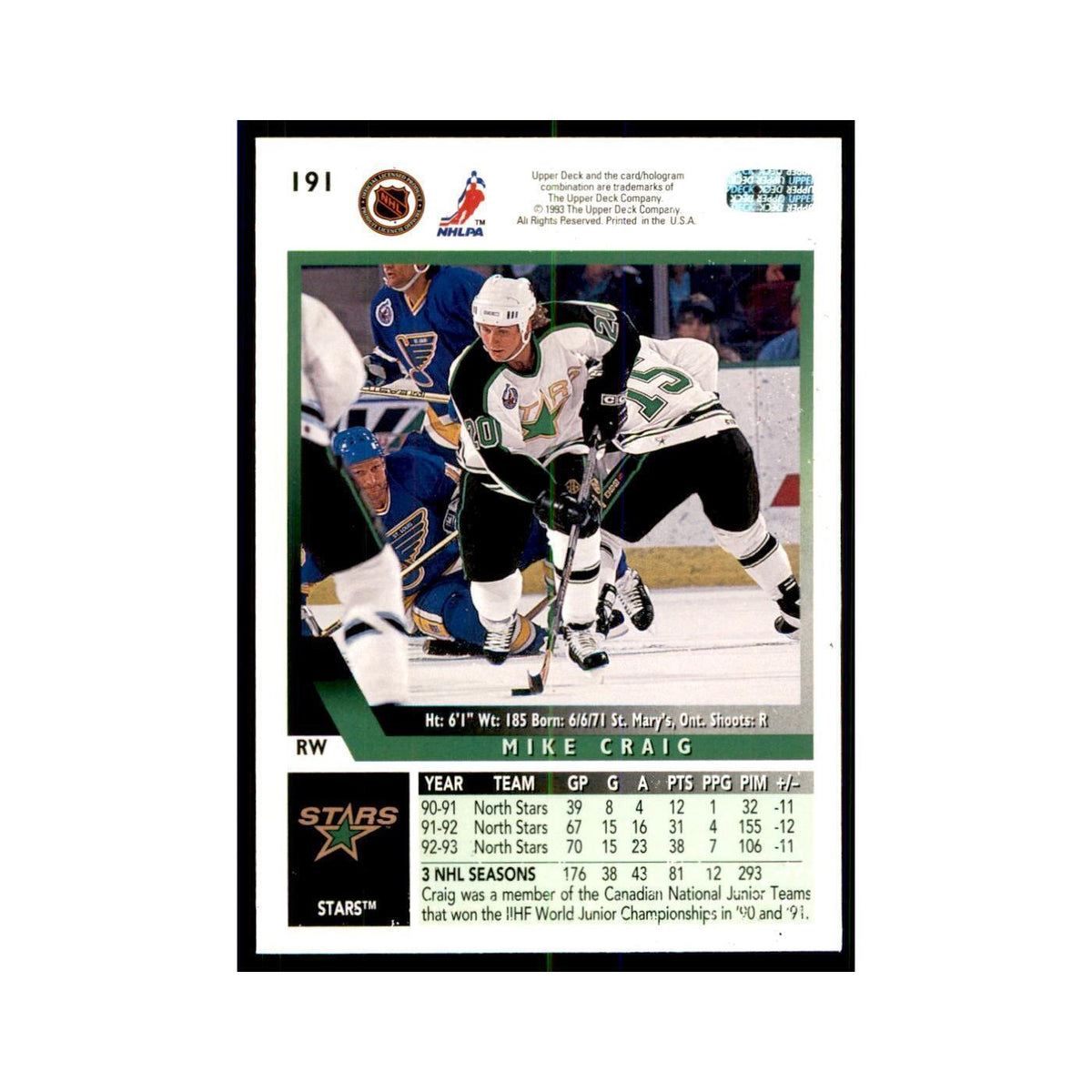 1993 Upper Deck Mike Craig Hockey Cards #191