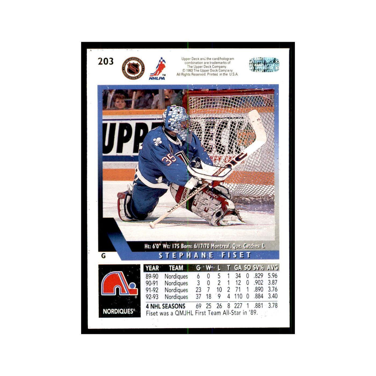 1993 Upper Deck Stephane Fiset Hockey Cards #203