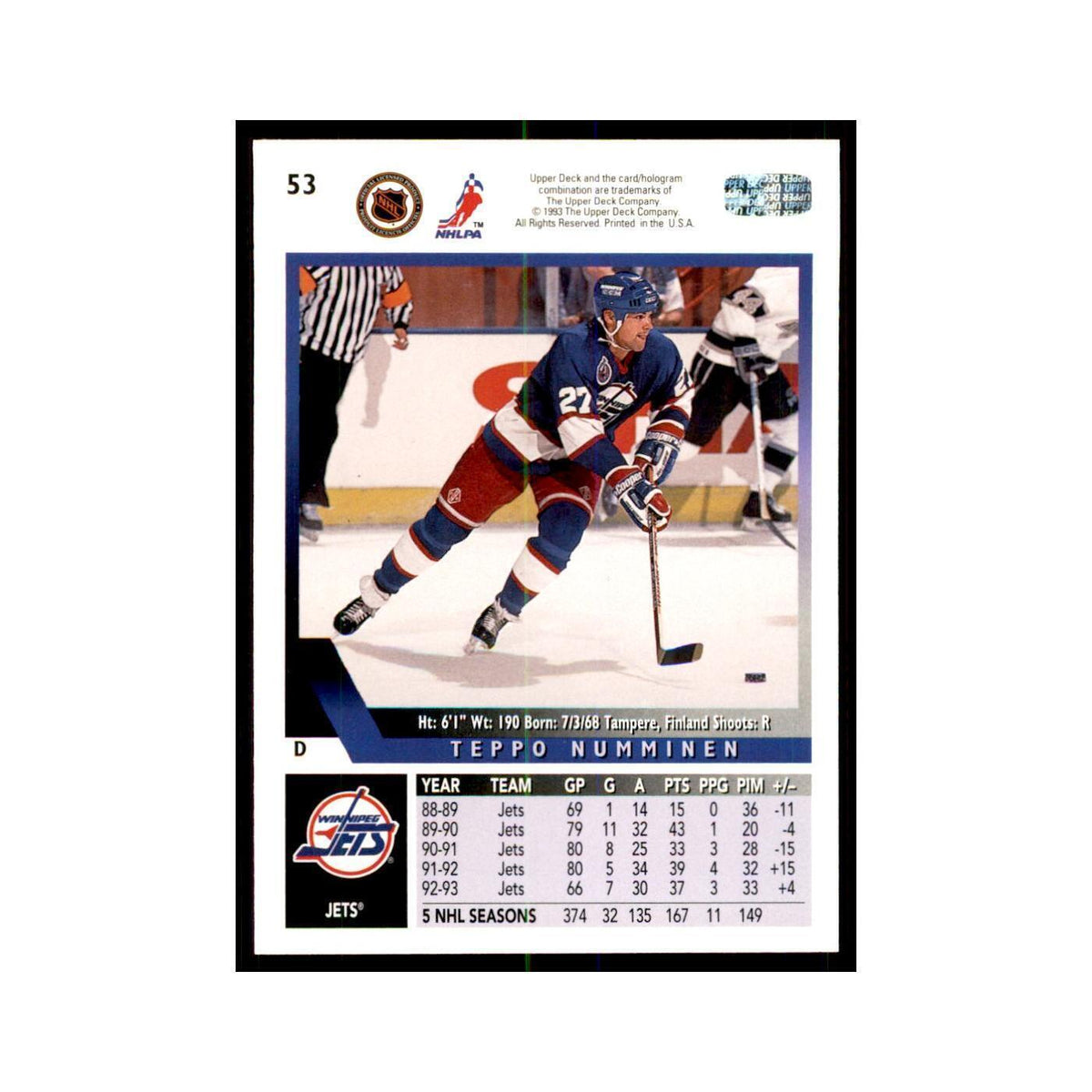 1993 Upper Deck Teppo Numminen Hockey Cards #53