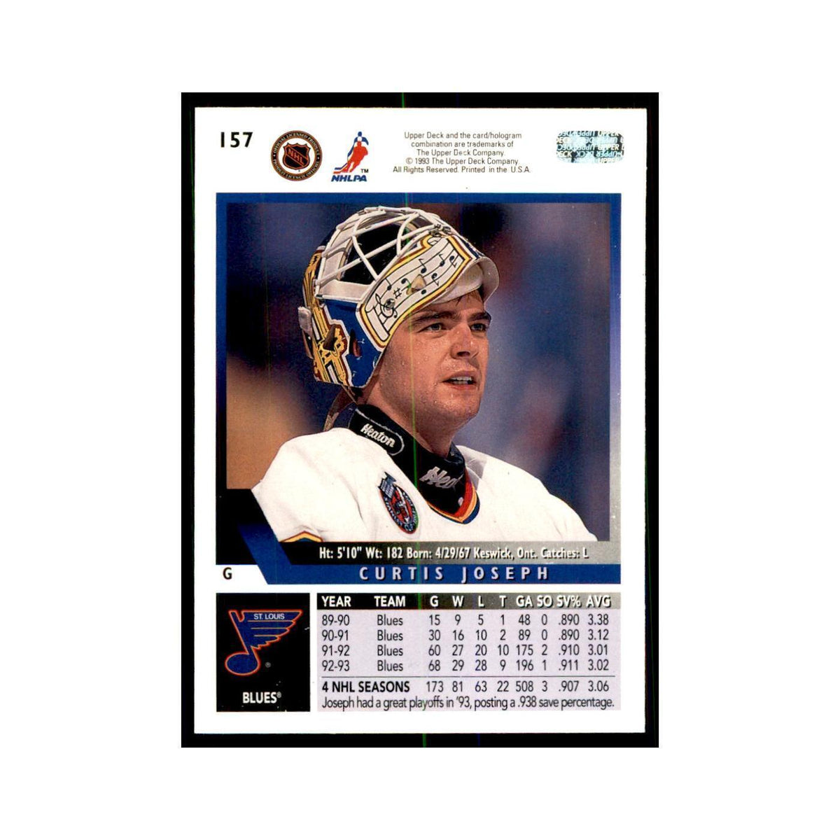 1993 Upper Deck Curtis Joseph Hockey Cards #157