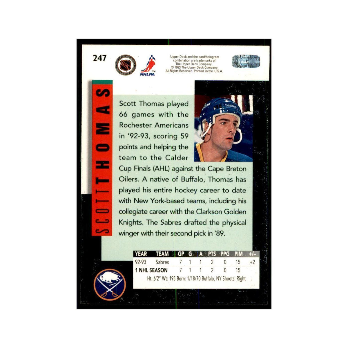 1993 Upper Deck Scott Thomas Hockey Cards #247