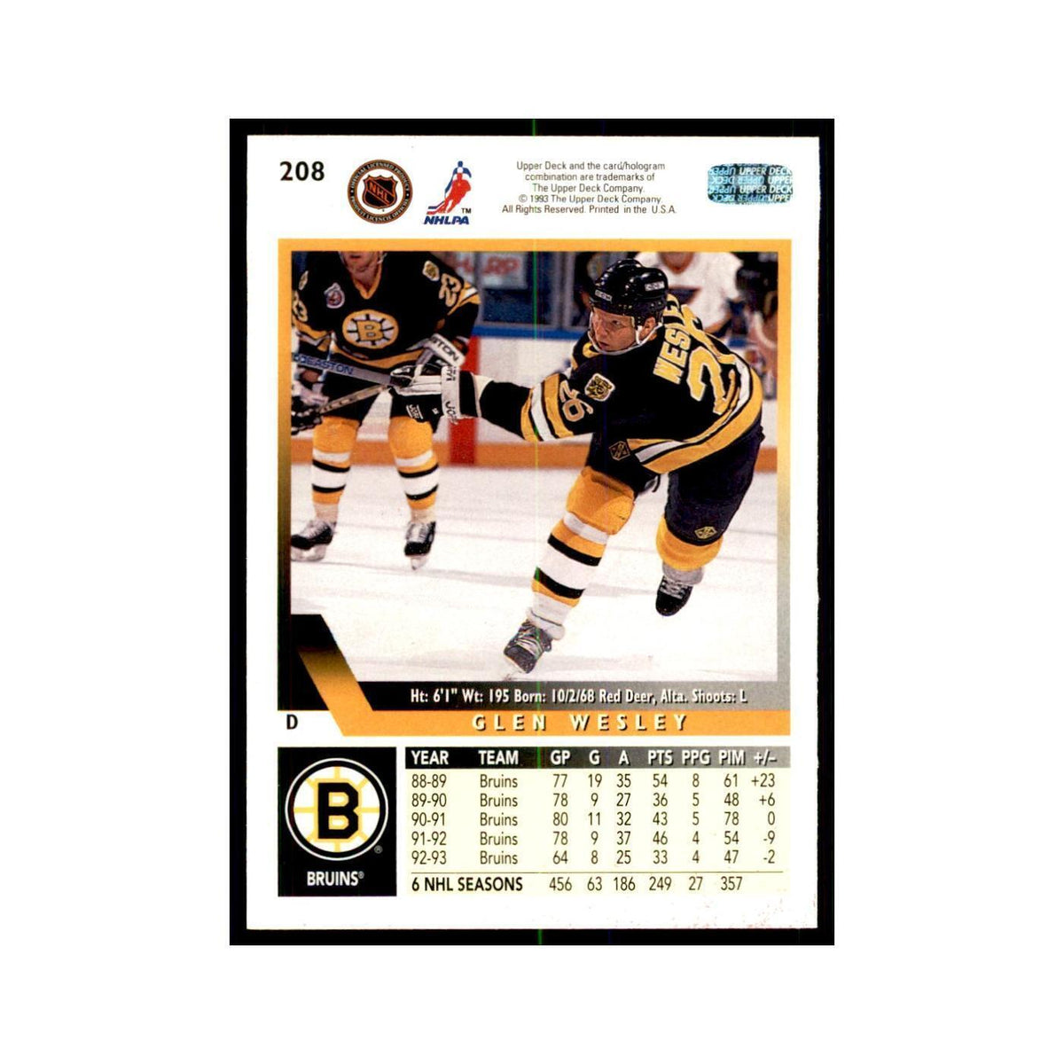 1993 Upper Deck Glen Wesley Hockey Cards #208