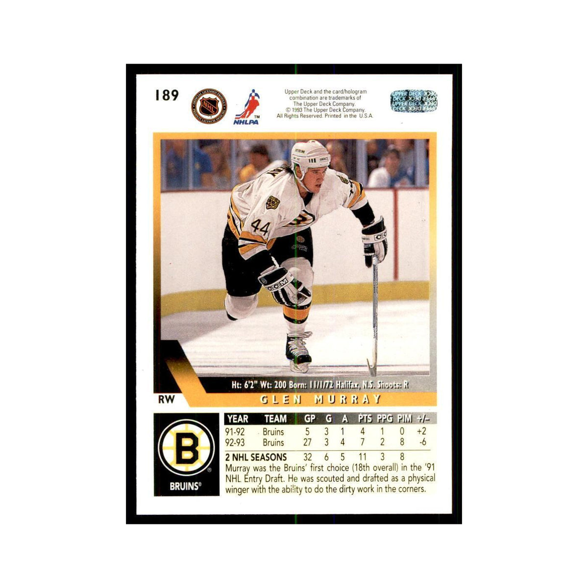 1993 Upper Deck Glen Murray Hockey Cards #189