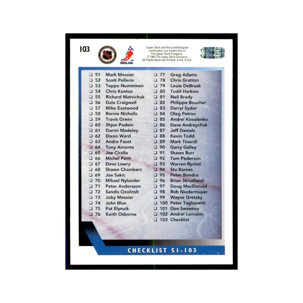 1993 Upper Deck Checklist 1-103 Hockey Cards #103