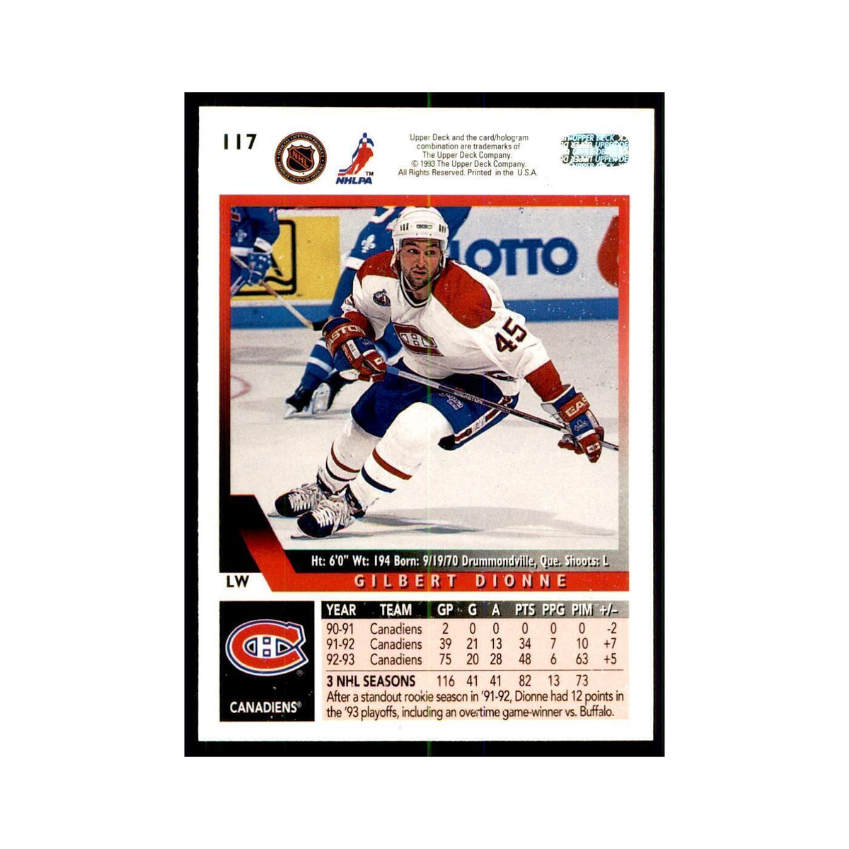 1993 Upper Deck Gilbert Dionne Hockey Cards #117