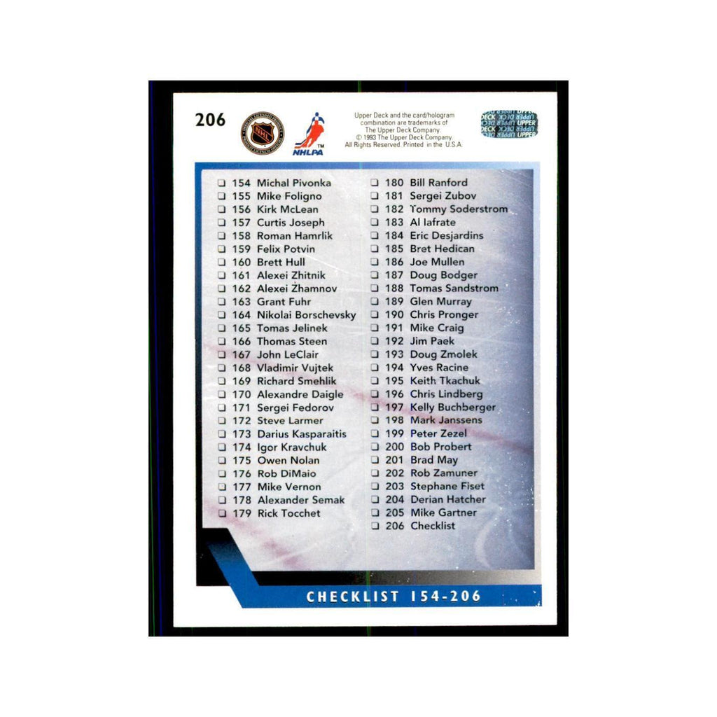 1993 Upper Deck Checklist 104-206 Hockey Cards #206