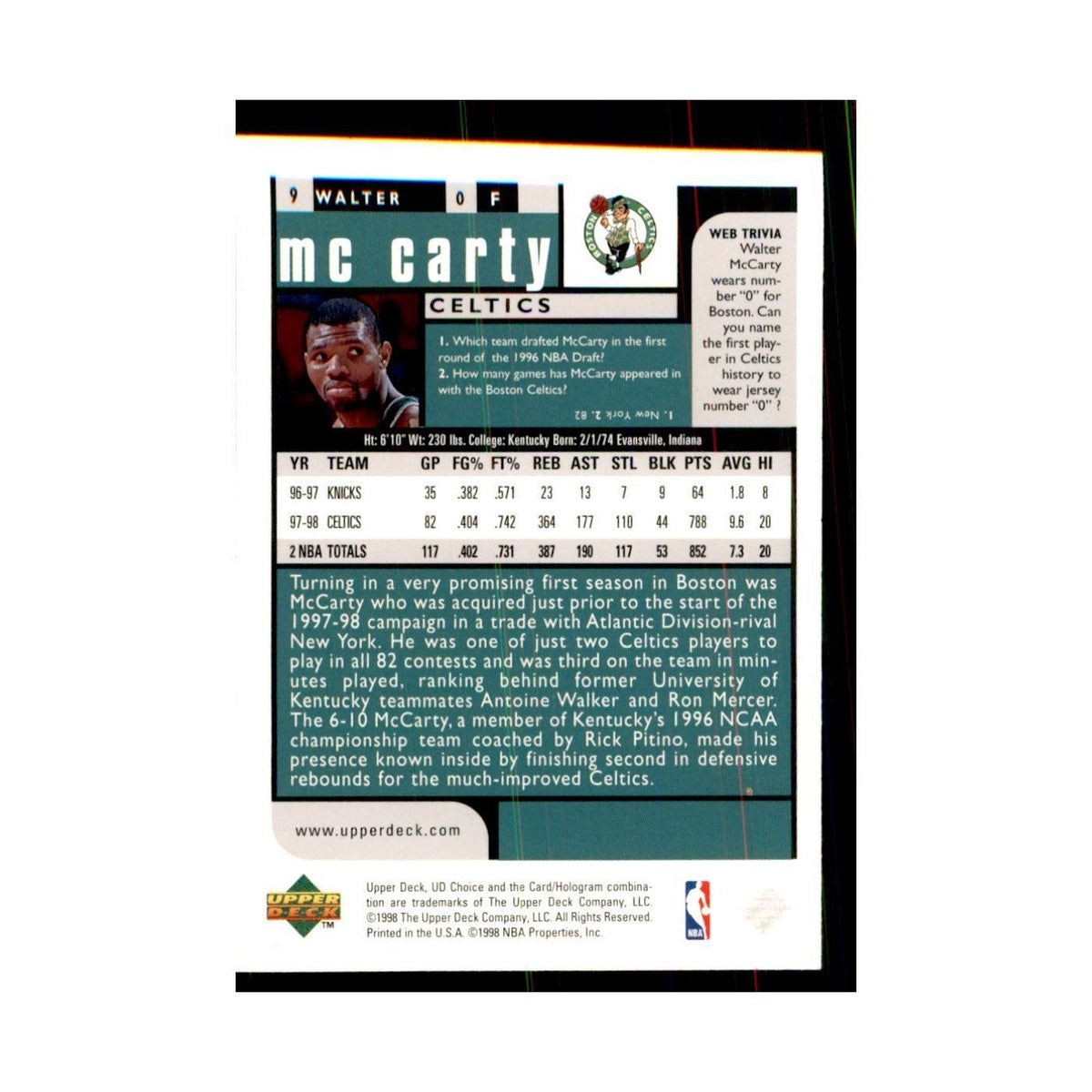 1998 UD Choice Walter McCarty Basketball Cards #9