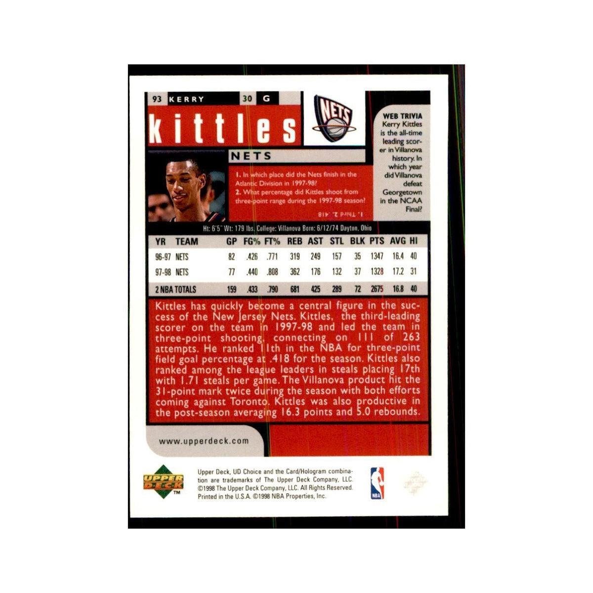 1998 UD Choice Kerry Kittles Basketball Cards #93
