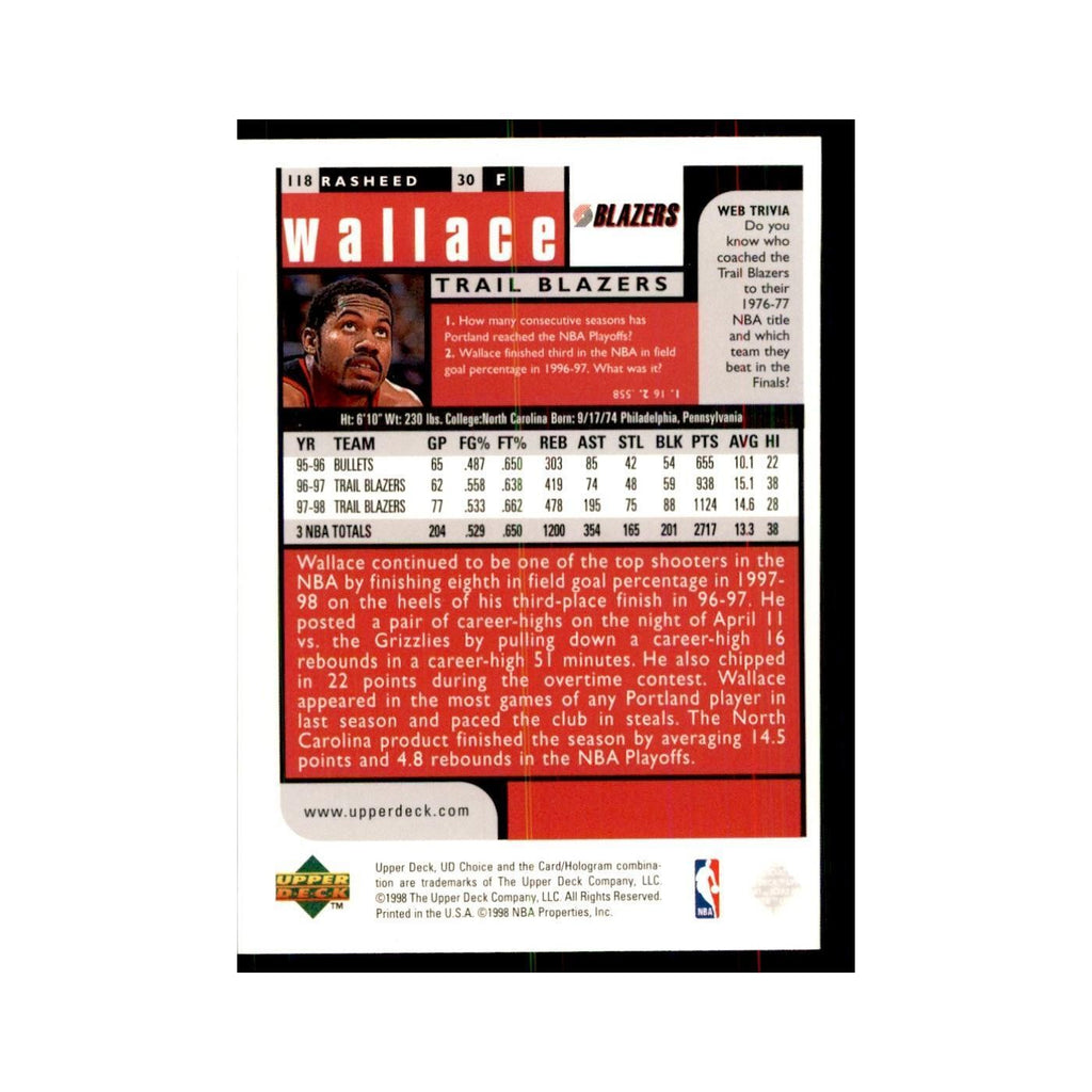 1998 UD Choice Rasheed Wallace Basketball Cards #118