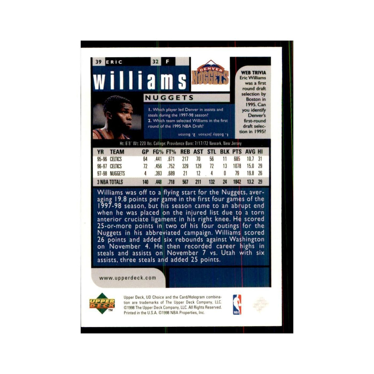 1998 UD Choice Eric Williams Basketball Cards #39