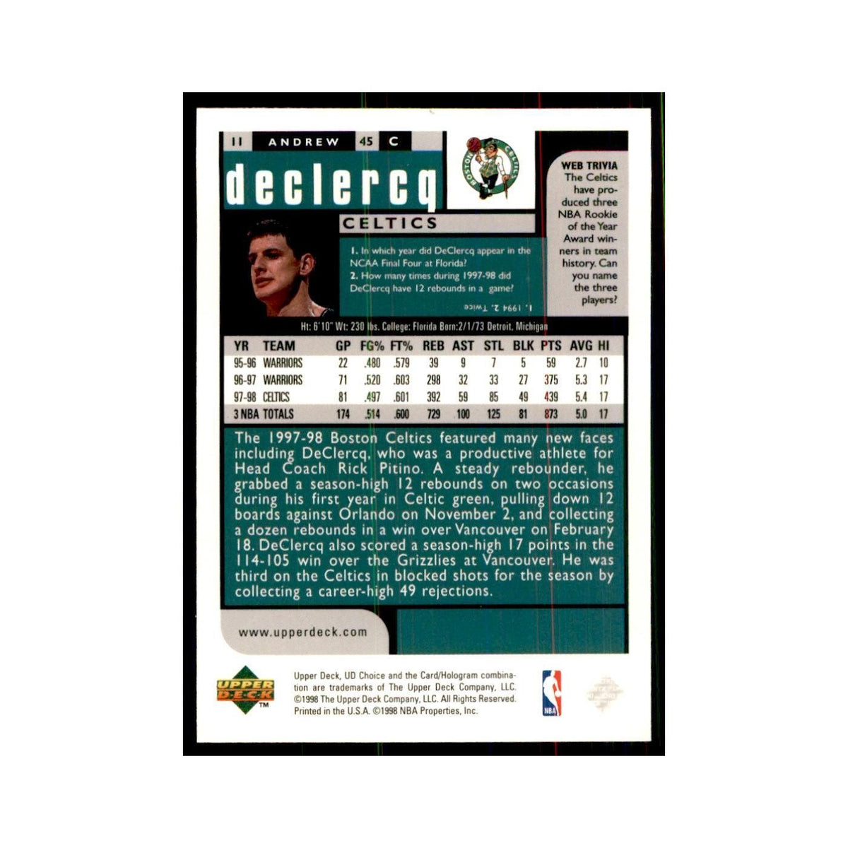 1998 UD Choice Andrew DeClercq Basketball Cards #11