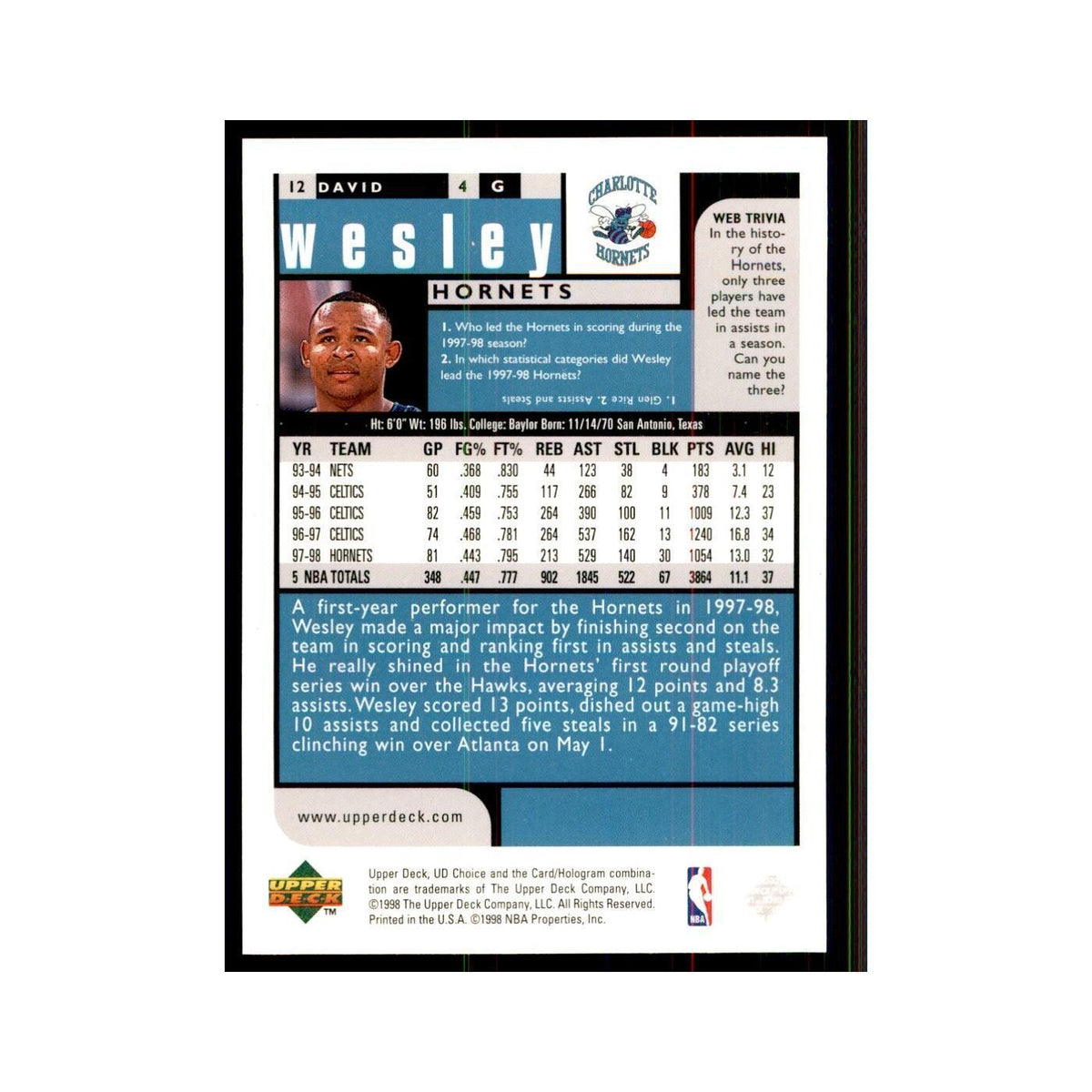 1998 UD Choice David Wesley Basketball Cards #12