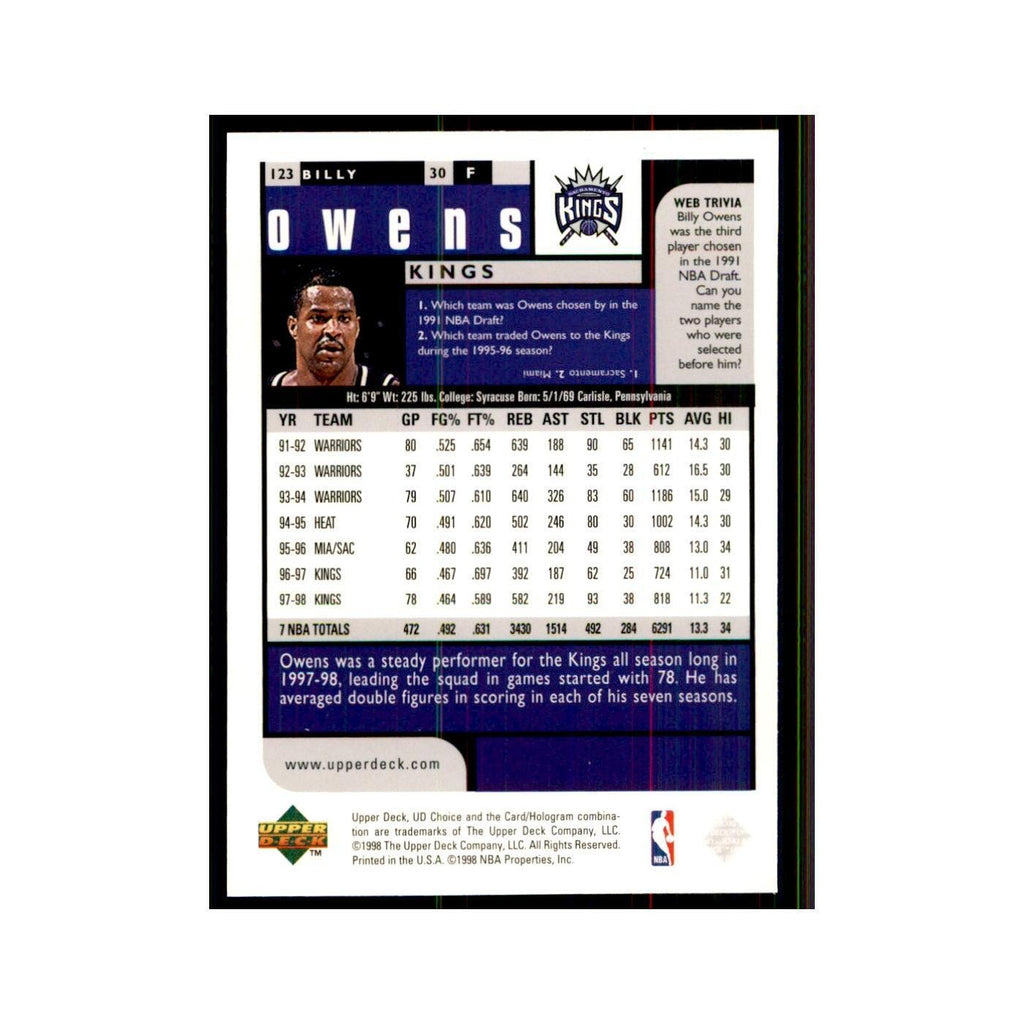 1998 UD Choice Billy Owens Basketball Cards #123