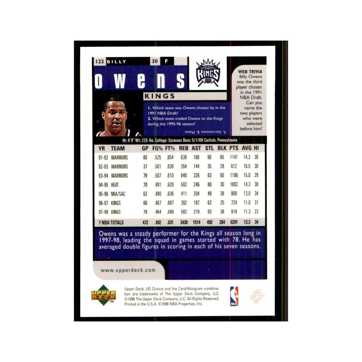 1998 UD Choice Billy Owens Basketball Cards #123