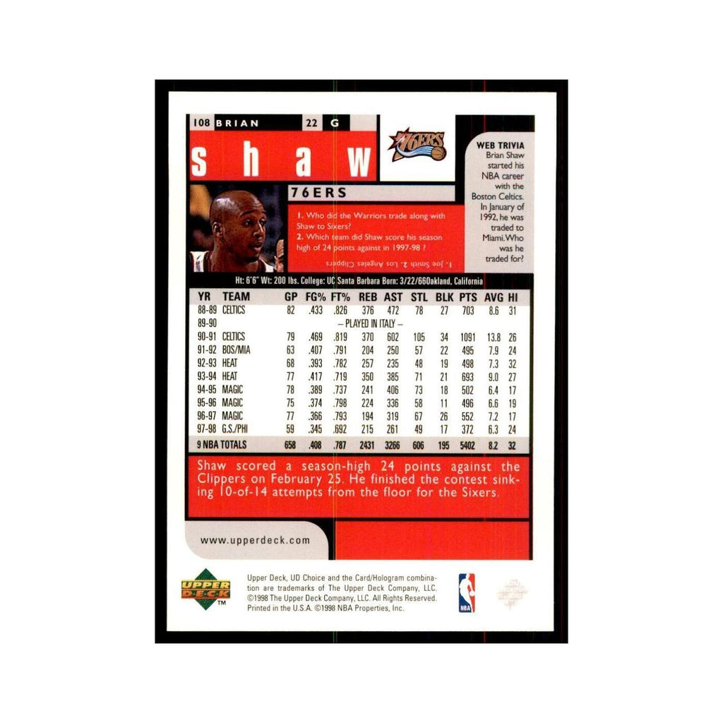1998 UD Choice Brian Shaw Basketball Cards #108