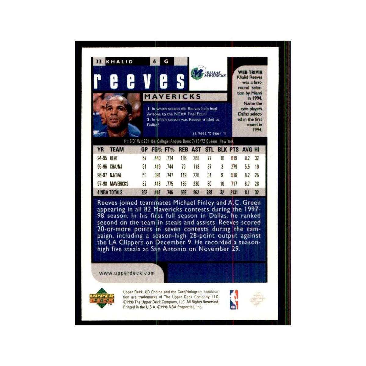 1998 UD Choice Khalid Reeves Basketball Cards #33